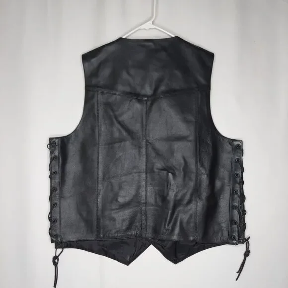 FMC Mens Leather Vest 46 Black Side Laced Grommet Snap Front V-Neck Pockets - Picture 2 of 9
